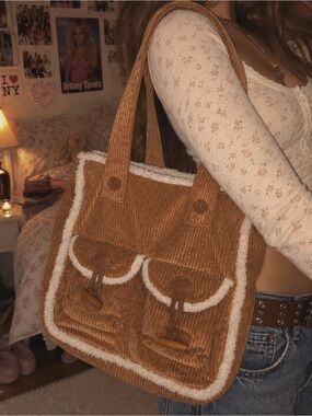 Corduroy Vintage Old Navy Sherpa Trim Tote Bag in Camel Y2K 2000s